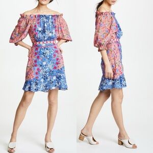 SALONI Grace Mini Dress Foxglove Meadow Silk Off-Shoulder Size 6 US NWOT